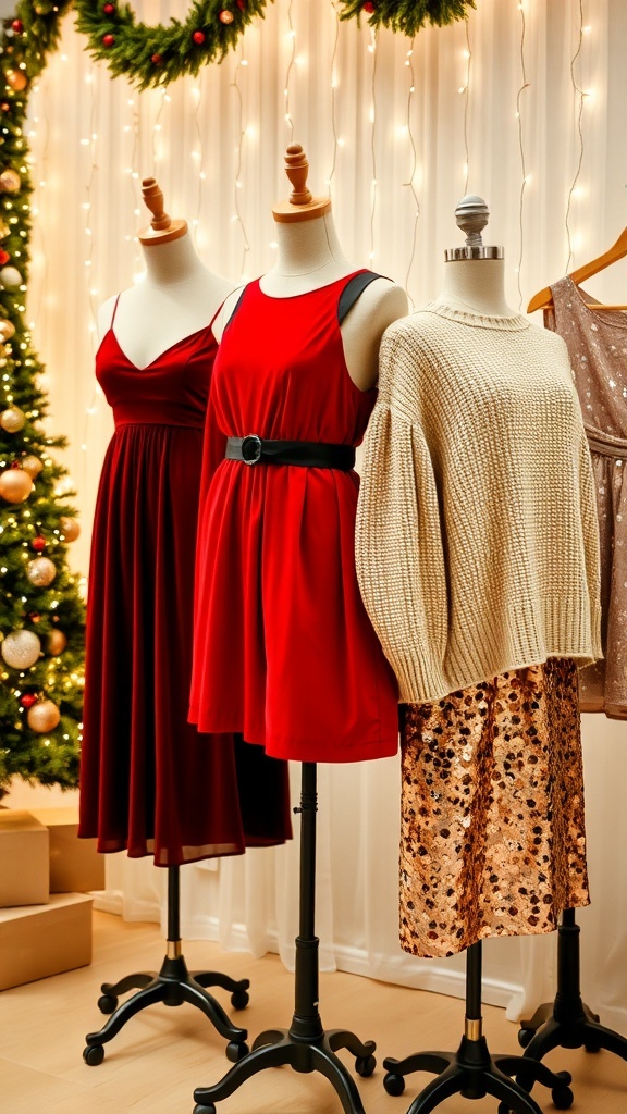 Stylish Christmas party outfits including a red velvet dress, black jumpsuit, oversized sweater with metallic skirt, and sequined mini dress.